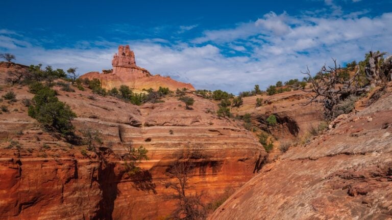 Church Rock and eroded rock wall trails in Red Rock Park in Gallup, McKinley County, New Mexico, USA