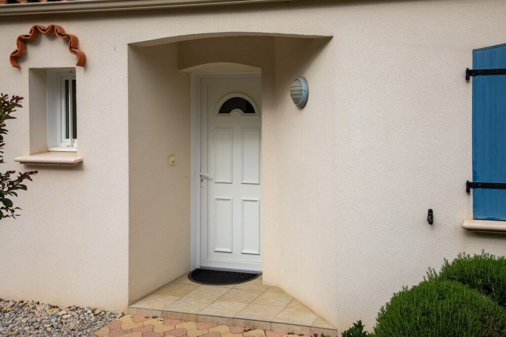 white house facade entrance door modern of street suburban home