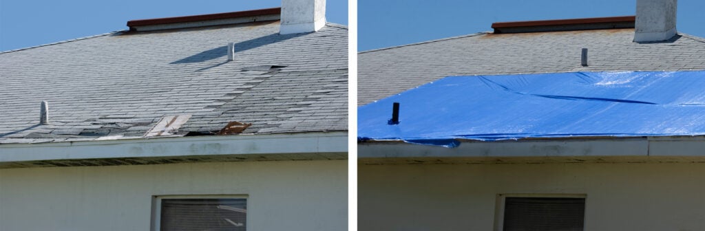 Before and after temporary repair on a badly storm damaged roof on a house